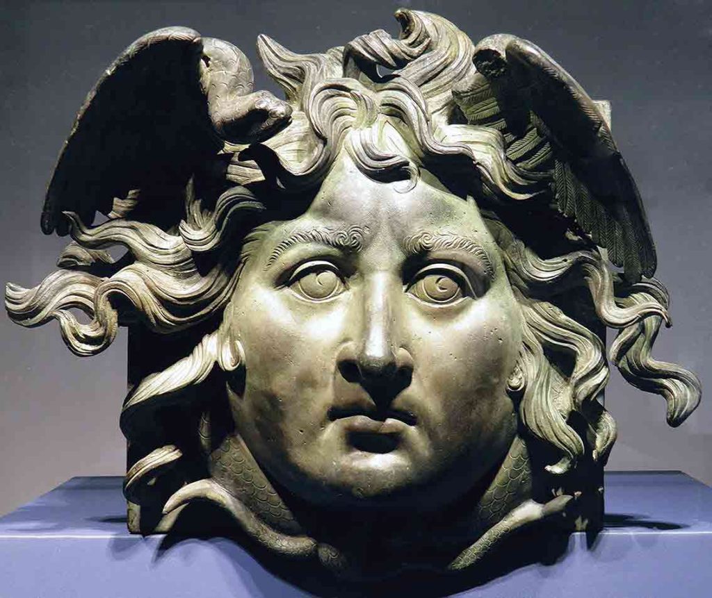 The bronze head of Medusa is a decorative element from one of the Nemi ships built by Caligula around 37-41 AD. It is now located in the Palazzo Massimo alle Terme in Rome.